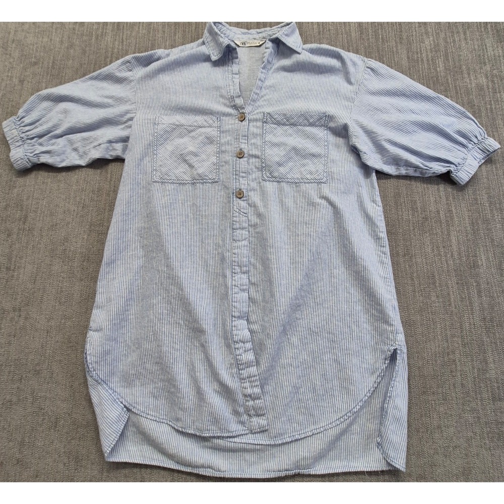 Zara blue white striped Linen puff sleeve button front shirt dress/blouse XS